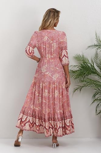 Image of Women Short Sleeve V Neck Floral Print Casual Bohemian Maxi Dresses