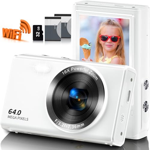 Digital Camera, Saneen 4K WiFi Kids Cameras for Photography, Compact Camera with 32GB SD Card, 16X Digital Zoom, 2.8" Big Screen, 2 Rechargeable Batteries, 4K 2.7K 1080P & 64MP 48MP 30MP-White