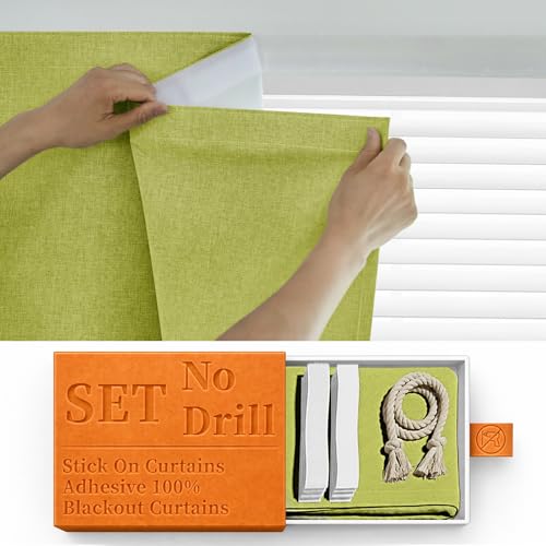Image of 100% Blackout Self Adhesive Curtains, Black Out Shade for Window, Fabric Temporary Window Coverings Easy to Hang Curtains No Rod Needed, Use for Room, Kitchen, W52 x L60 inch, 1 Panel, Fruit Green