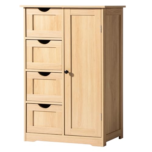 Image of Vasitelan Bathroom Wooden Floor Cabinet, Side Storage Organizer with 4 Drawers and 1 Cupboard, Freestanding Entryway Storage Unit Console Table,22 inch W x 11.8 inch D x 31.5 inch H (Wood Color1)