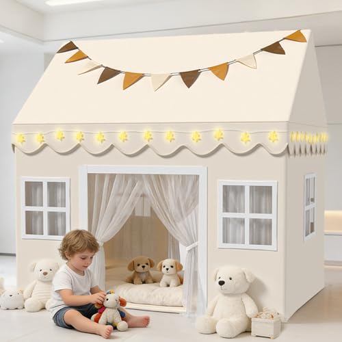 Kinderzelt mit gepolsterter Matte,Dekoration und LED-Lichtern,Kinderzelt, Spielhaus für Kinder,Innenbettzelt für Kleinkinder,Spielzimmermöbel in neutralen Farben