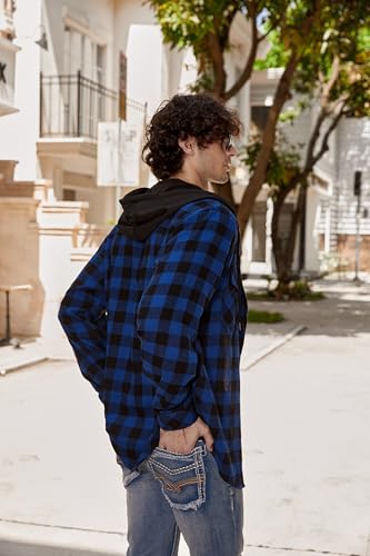 Image of Cromoncent Men Flannel Hoodie Plaid Button Down Jacket Long Sleeve Shirts