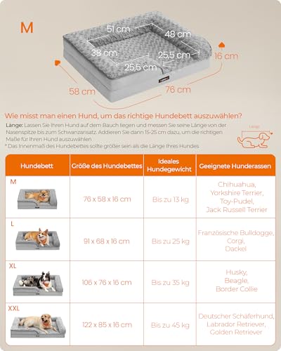 Feandrea Orthopädisches Hundebett für kleine Hunde, wasserdichtes Hundesofa mit abnehmbarem Plüsch-Bezug, 71 x 58 x 16 cm, Taubengrau PGW251G01