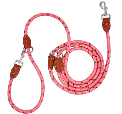 Guinzaglio per cani, 3 m, per cani di taglia media, con riflettente, in nylon regolabile, con 2 moschettoni, 3 anelli da 14 mm (rosa)