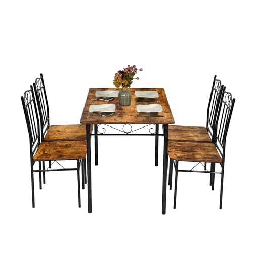 HOMYLIN Ensemble Table et chaises de Salle à Manger, 5 pièces, Design Industriel Rustique, Cadre en métal avec Finition Bois, idéal pour Salle à Manger ou...
