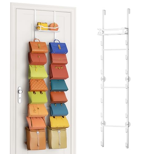 SWTYMIKI Over The Door Purse Organizer - Wall Mounted Purse Rack with 16 Hooks and Metal Basket, Handbag Hanger Organizer Holds up to 16 Bags, Bag Rack Can Use As 1/2 Part, for Door, Closet