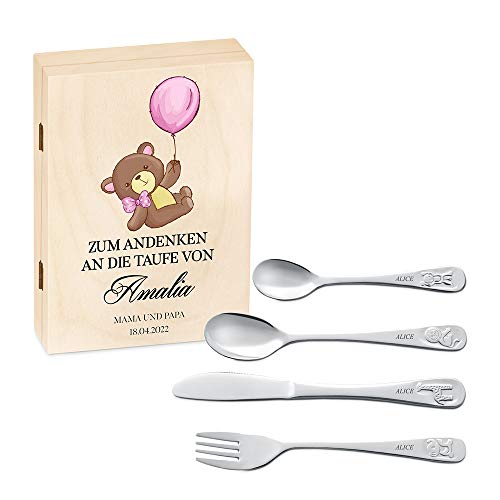 Maverton Kinderbesteck Set mit Gravur + Holzbox mit Aufdruck - mit Tieren - aus Edelstahl - Braun - Geschenk für Mädchen zum Geburtstag zur Taufe Geburt - Weihnachtsgeschenke - Teddybär