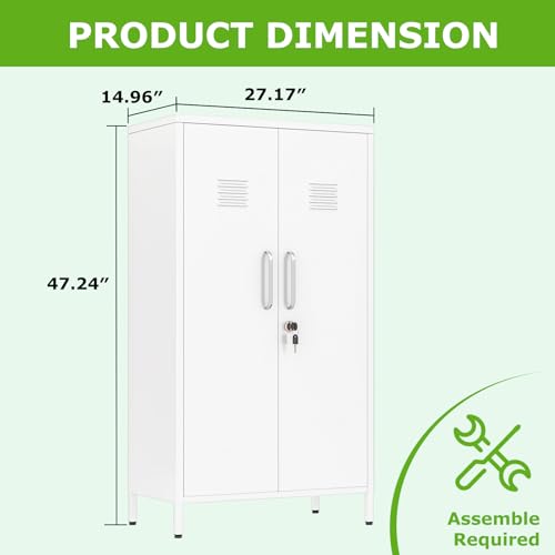 Image of PAOFIN 47 inch Metal Storage Locker, Lockable Employees Metal Locker with 2 Door and Adjustable Shelves, Steel Locker for Home, School, Office, Gym (White)