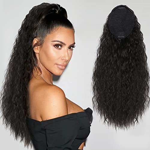 Vigorous Long Curly Drawstring Ponytail for Women Clip in Ponytail Extension 22Inch Black Ponytail Hairpieces(1B)