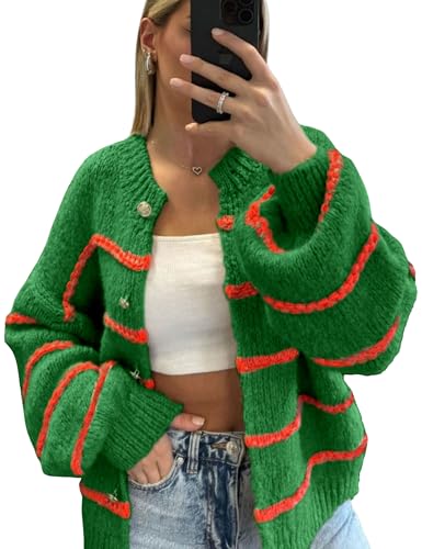 Image of QIBABU Womens Striped Cardigan Sweaters Casual Open Front Long Sleeve Button Down Knit Outwear