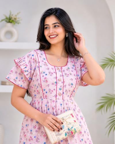 Image of Women's Pure Cotton Floral Maxi Nighty, Frock Style Short Sleeve Full Length Night Gown with Adjustable Belt, Comfortable Sleepwear, Pack of 2