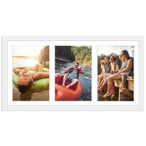Americanflat Marco de Fotos de Collage en MDF Blanca de 20 x 41 cm - 3 Fotos de 13 x 18 cm en Formatos Horizontal y Vertical, Vidrio Resistente a los Golpes - Incluye Accesiorios de Colgado