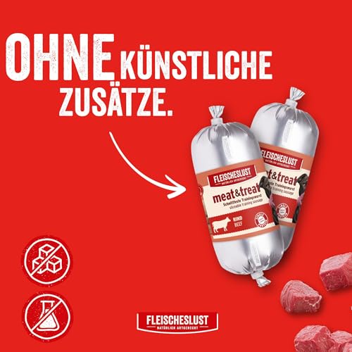 Fleischeslust Hundewurst, Meat&Treat Rind (15x200g), schnittfeste Trainingswurst, Hundefutter für ausgewachsene Hunde