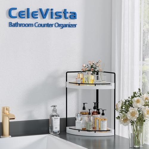 Image of Corner Bathroom Counter Organizer, 2 Tier Wood Vanity Storage, Waterproof Skincare Shelf for Kitchen & Toiletries Decor, Dresser (White-2 Tier)