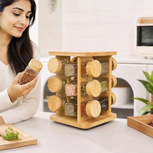 Image of 360 Rotating Spice Rack Organiser, 2-Tier Bamboo Stand with 8 Glass Jars, 250ml Each, BPA Free, Kitchen Storage (12 Glass Spice Jars & Bamboo Lids)