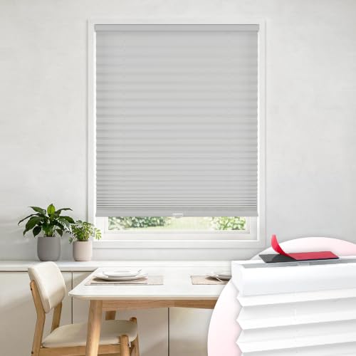 DEZ FURNISHINGS EZ Stick No Drill No Tools Cordless 1" Light Filtering Pleated Shade, 40" W x 60" H, Silver Gray