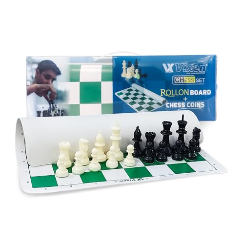 Image of Vixen Tournament Chess Set | Fide 17x17 Vinyl Roll-Up Board | Heavyweight Plastic Chess Pieces | Foldable Mat with Storage Bag (Chess Set Rollon)