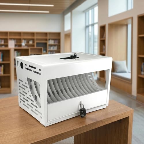 Image of 16 Unit Laptop Charging Station, Locking Charging Cabinet with Interior Steel Dividers & Power Strip, Metal Charging Organizer with Dual Installation Options for Classroom & Office, White