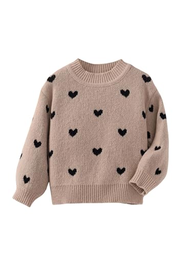 Floerns Girl's Heart Print Long Sleeve Knitted Fall Crew Neck Pullover Sweater