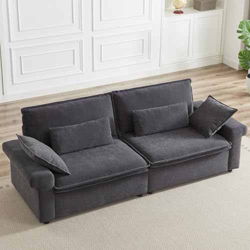 3 Seater Sofa with Deep Seat, 94" Mid Century Modern Upholstered Sofa with Armrests, Tools-Free Assemble, Comfy Chenille Charcoal Loveseat Couches for Living Room, Bedroom, Apartment and Office