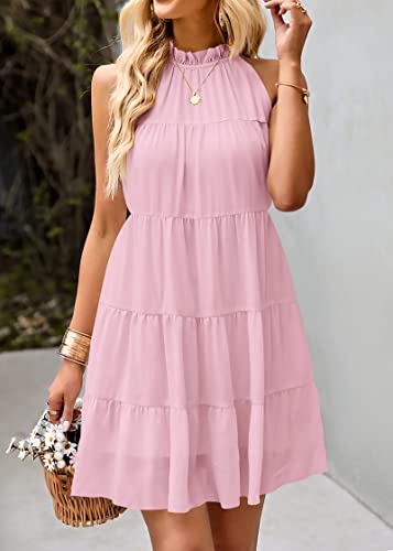 Image of KIRUNDO Summer Sundresses for Women Halter Dress Babydoll | Spring Sleeveless Halter Top, Flowy Tiered Pleated, Western Cute Country Concert, Beach Wedding Guest Vacation Cruise Dress