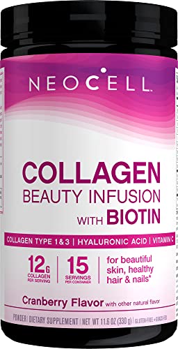 Neocell Collagen Powder With Biotin, Vitamin C & Hyaluronic Acid, Collagen Type 1 & 3, Beauty Infusion Promotes Beautiful Skin, Healthy Hair & Nail, Gluten Free, Cranberry, 11.64 Oz #TOP30
