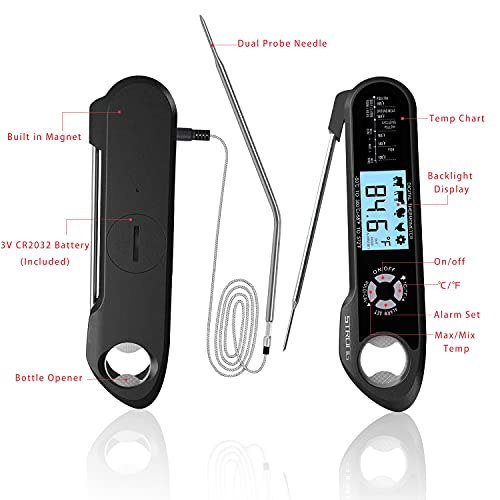 Roses&Poetry Meat Thermometer Digital Food Thermometer With 2 Probes, Alarm Setting,Backlight Large Screen,Waterproof Instant Read Cooking Thermometer For Meat,Grill,Liquids,Bbq Oven (Black) #TOP1