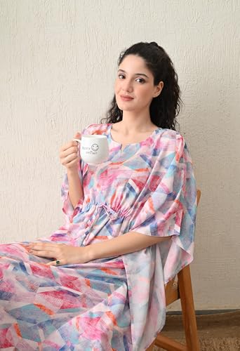 Image of Ichaa Women's Pink Rayon Printed Round-Neck Kaftan-Style Free Size Nighty with Drawstring