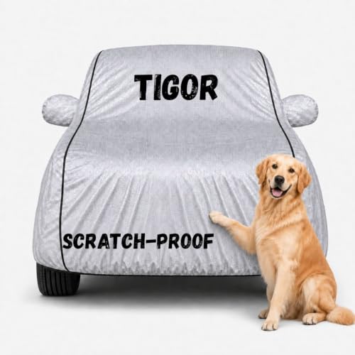Image of 3 Layer Waterproof Car Body Cover for Tigor All Weather Protection Comes with Inner Cotton Lining & Triple Stitched with Mirror & Antenna Pocket Belt & Elastic Fit (Silver)