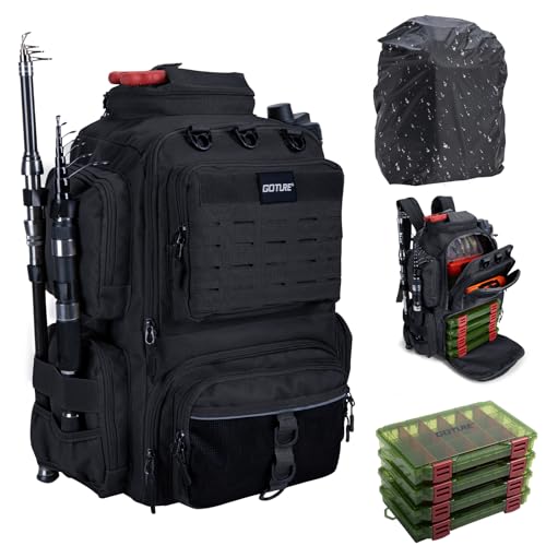 Goture Angelrucksack mit 4 Köderbox Angeln, 45-Liter Angelzubehör-Rucksack mit Zwei Rutenhaltern und Regenschutz, 900D Oxford-Gewebe Wasserabweisende Angelgerätetasche mit verstellbarem Fach
