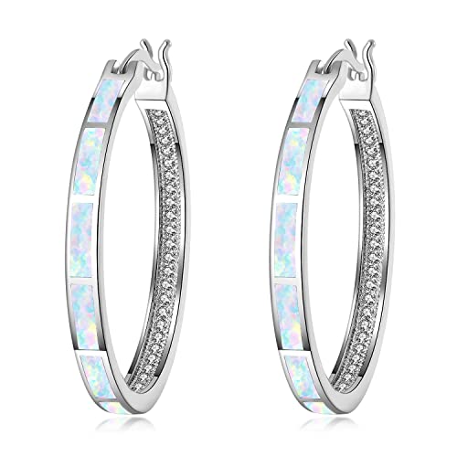 CiNily Womens Hoop Earrings with White Opal Jewelry Rhodium Plated Gemstone Big Hoop Earrings for Ladies 32mm