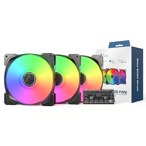 MONTECH HP140mm PWM ARGB Ventilador - Alto flujo de aire, rodamiento de rifle silencioso, 1600 RPM, 4 pines, paquete 3 en 1 con hub de ventilador de 6 x 6 - Negro