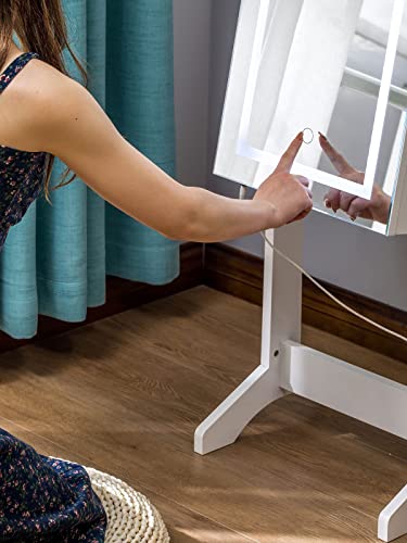 LUXFURNI LED Light Jewelry Cabinet Standing Full Screen Mirror Makeup Lockable Armoire, Large Cosmetic Storage Organizer w/ Brush Holder (White)