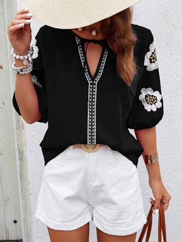 Image of Women's Summer Tops Floral Embroidered Puff Short Sleeve Shirts V Neck Boho Tunic Casual Blouse