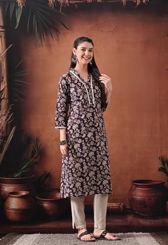 Image of Ichaa Women's Pure Cotton A-Line Ethnic V-Neck Kurta with 3 /4th Sleeve for Daily and Office Wear, in Plus Sizes