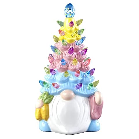 sgmedila Pink Bunny Tree Easter Decorations, Lighted Up Gnomes Resin Easter Tree with Multicolored Lights, Lighted Up Easter Bunny Gnome Tree, Ceramic Tabletop Bunny Rabbit Tree (1 PCS) Cover
