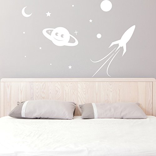 (140x 95cm) Glowing Vinyl Wand Aufkleber Planet, Rocket, Sterne/Glow in the Dark Aufkleber/& # x421; rescent Leuchtziffern Wandbild Kids, Baby Raum + Gratis Aufkleber Geschenk macht.
