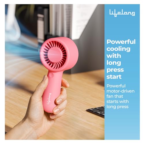 Image of Lifelong Hand Fan | Portable Rechargeable Fan with 2000mAh Battery, 5 Speed Settings, Type-C Charging, Powerful Cooling, Start with Long Press, Non-Slip Base, Hanging Hook, Travel Friendly Design