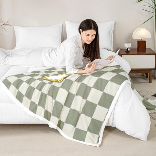 Image of Erosebridal Sage Green Checkered Sherpa Blanket Plaid Initial F Fuzzy Plush Throw Personalized Monogram Fleece Blanket for Kids Boys Girls,Fashion Grids Gingham Decor for Bed Couch Baby 30 inchx40 inch