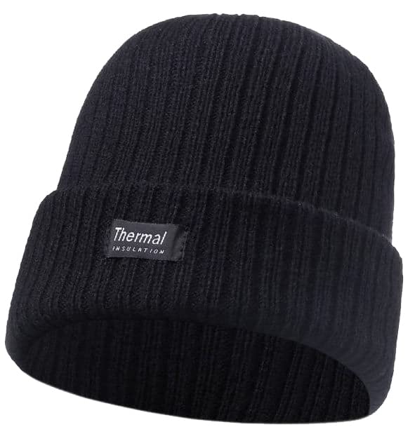 Heat Thermal Insulated Black Beanie Hat for Mens, Black, One Size
