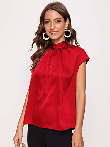Soly Hux Women's Mock Neck Satin Silk Short Sleeve Shirt Tie Back Work Blouse Casual Top Red M #TOP3