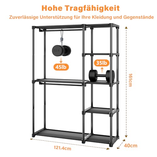 Mavivegue Kleiderschrank offen, Offen Kleiderschrank, 4 Stock Kleiderständer, Kleiderstange, Garderobe, 2 Hängefächer viel Platz, für Wohnzimmer, Schlafzimmer, 40 x 121 x 161 cm, Schwarz