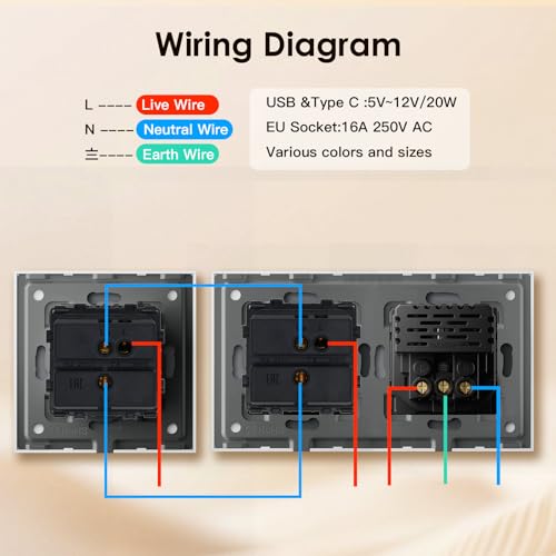 BSEED Lichtschalter mit Steckdose Schuko Unterputz Steckdose mit USB C 20W Schnellladeger&auml;t USB Type C 1 Fach 2 Wege Taste Schalter mit Glas Rahmen Wandsteckdose Geeignet f&uuml;r Phone, Pad-Schwarz
