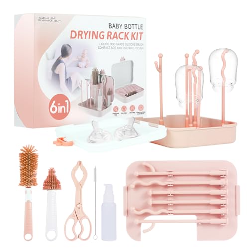 Tulvixxo Travel Bottle Cleaner Kit, Baby Travel Essentials with Bottle Drying, Silicone Brush, Nipple Cleaner, Clip, Straw Brush, Soap Dispenser, Storage Boxack (Pink)