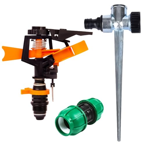 Rasensprenger mit Erdspieß Impulsregner Gartensprenger Gartensprinkler und Schnellverbinder, Kreis- und Sektorenregner Rasensprenger mit Pulsation 360°Verstellbarer Kreisregner zur Rasenbewässerung