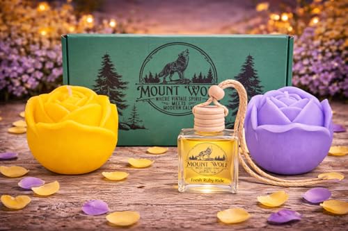 Image of Scented Rose Candle Combo Pack - 2 Rose-Shaped Candles + Hanging Car Diffuser | Decorative Aromatic Candles for Home, Car & Gifting | 4 Hour Burn | Yellow & Purple