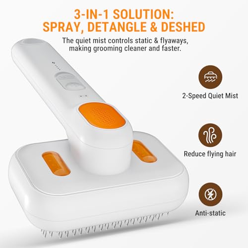 3-in-1 Pet Grooming Brush with Cool Mist & Self-Cleaning - Rechargeable Deshedding Tool for Dogs Cats, Extra Wide Comb, Water Window, Safe for All Coats