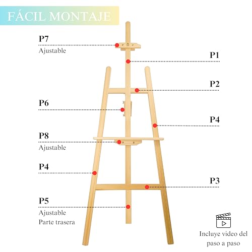 Miniatura 6 de Caballete Madera Profesional 150cm Para Hosteleria, Negocios Y Eventos. Caballete Altura Ajustable Y Plegable. Caballete Pintura Para Lienzos Grandes Y Pequeño. Madera Natural, 150 Cm