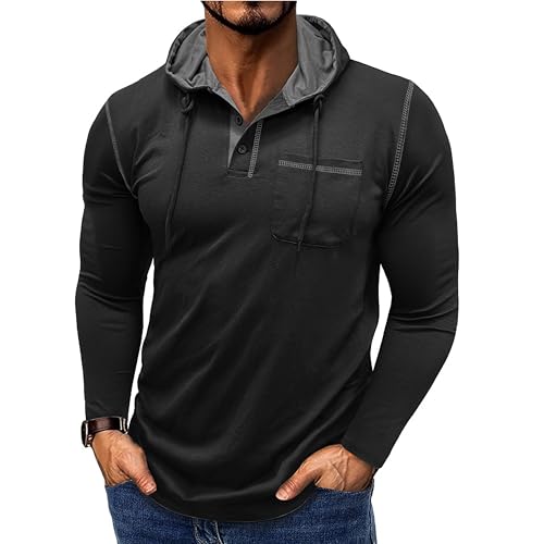 Image of Halfword Mens Hoodies Long Sleeve Button Neck T Shirts Casual Sport Sweatshirts Athletic Hooded Jumpers Black M
