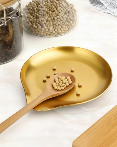 Image of VanlonPro Stainless Steel Spoon Rest, Spatula Ladle Holder, Stainless Steel Utensil Spoon Rest Holder, Brushed Finish, Dishwasher Safe 5.9 x 5.1 Inch (Round Gold 1PC)